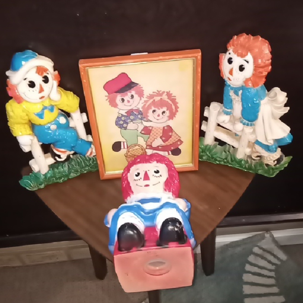 Vintage Set of Raggedy Ann Children's Room Decor Syroco Like Pictures Piggy Bank